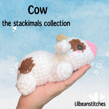 Stackimals cow crochet pattern, crochet cow pattern, crochet pattern cow, laying cow crochet tutorial, stacking crochet market prep pattern