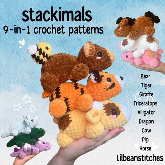 Stackimals 9-in-1 crochet pattern pack, lilbeanstitches, crochet aligator, crochet market pattern, crochet giraffe, crochet patterns,